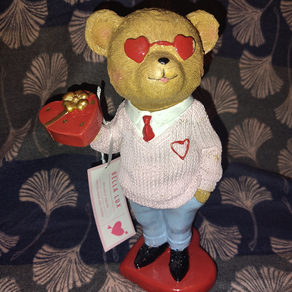 Bella Luxx Bear Figurine with Heart Sunglasses - Red, Tan, and Black